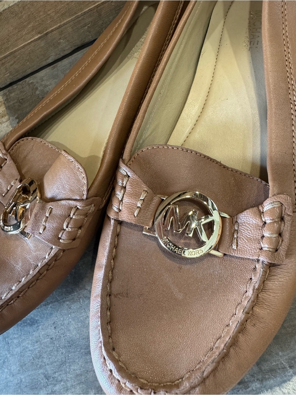 Michael Kors Brown Leather Moccasin Loafers with Gold MK Logo